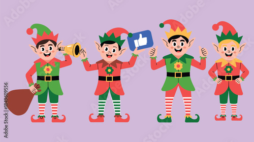 Four cartoon elves in festive outfits holding a megaphone, thumbs up, and a sack christmas holiday