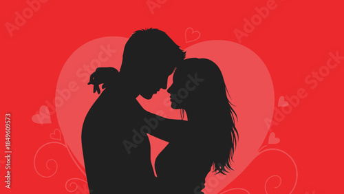 romantic couple silhouette embracing inside a large heart with smaller hearts on a vibrant red