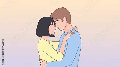 romantic couple embracing tenderly with soft pastel background illustrating love and connection