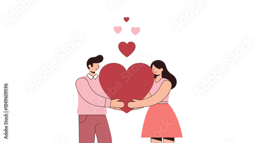 romantic couple holding a large heart with smaller hearts floating above expressing love and