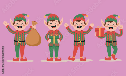 Four happy cartoon elves in striped outfits holding a gift sack and a present christmas holiday