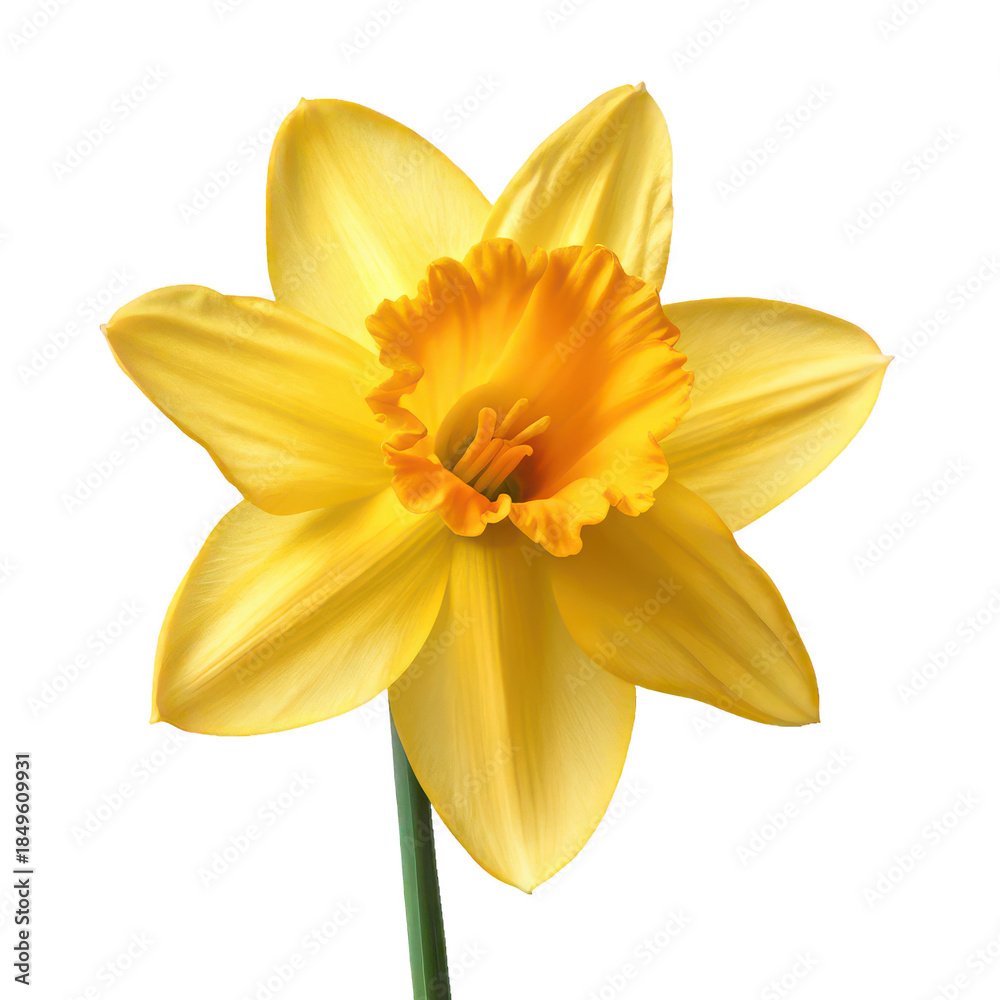 Fototapeta premium A vibrant, photorealistic daffodil blossom with bright yellow petals gracefully curving outwards from a central, textured orange-yellow cup, presented against a, isolated on transparent background.