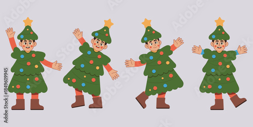 Four playful cartoon boys dressed as decorated Christmas trees on a grey background Keywords: christmas, tree, costume, boy