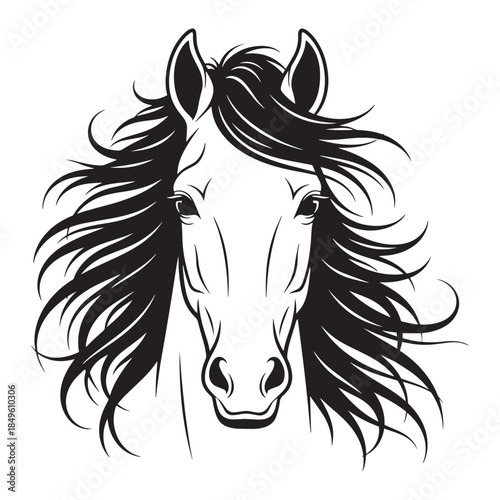 Black vector illustration of a long hairstyle woman face silhouette artistically merged with a fantasy horse head symbol for a glamour fashion tattoo design