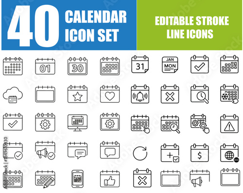 Calendar Icon Set – Editable Line Icons Collection Featuring Date, Schedule, Month, Week, Day, Appointment, Agenda, Organization, Event, Time, Planning, Clock and Reminder Concepts, Modern Outline Sty