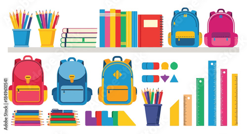 Colorful Collection of School Supplies and Backpacks.