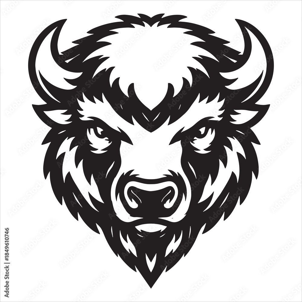 Obraz premium American Bison Head Mascot Emblem – Black and White Vector Buffalo Illustration