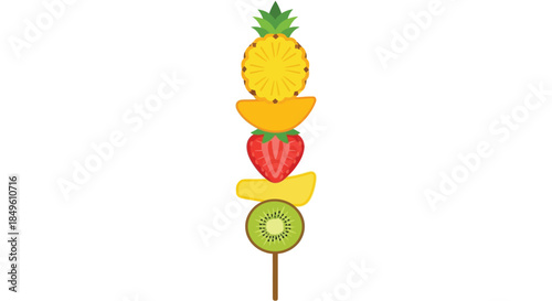 Colorful fruit skewer with pineapple, mango, strawberry, and kiwi slices.