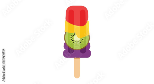 Colorful Fruit Popsicle with Kiwi Slice on White Background.