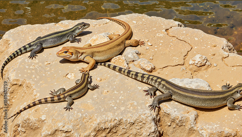 Four lizards basking on rock by water during sunny day for World Wildlife Day  
