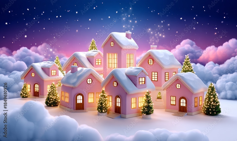 Fototapeta premium Whimsical 3D Clay Rendered Winter Holiday Village with Snow and Trees