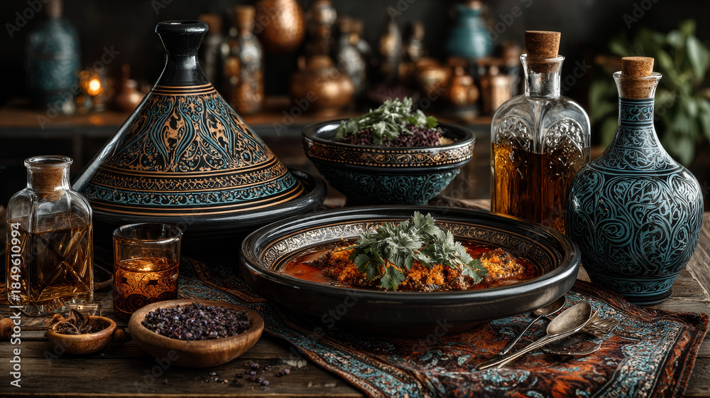 Fototapeta premium High Angle View of Traditional Tajine Dishes and Fresh Ingredients Served on Rustic Wooden Table with Cloth Napkin and Ample Copy Space