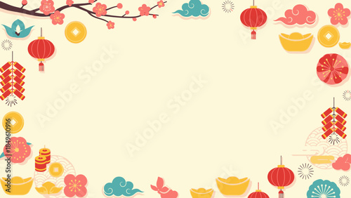 Festive Chinese New Year Border with Lanterns and Ingots