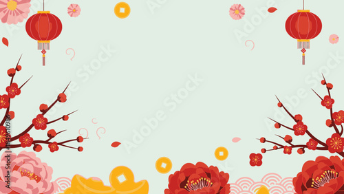 Plum Blossom Chinese New Year Illustration with Lanterns