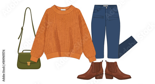 Cozy Autumn Outfit with Orange Sweater Blue Jeans and Brown Boots.