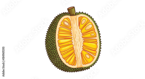 Vibrant Jackfruit Halved Revealing Golden Interior on White Background.