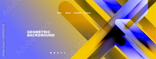 Abstract geometric design. Blue, yellow gradients overlap creating dynamic visual effect. Text labels present top, bottom.