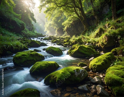 Lush stream flows through a sunlit, green, and thriving forest