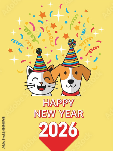 Cute Cat and Dog Celebrating New Year Together.