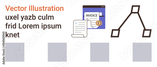 Business planning, finance management, invoice tracking, organizational workflow, system connectivity, digital documentation. Features invoice documents and organizational chart visuals. Finance
