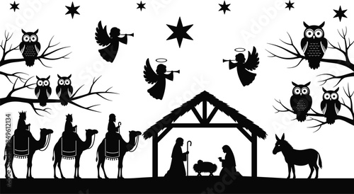 Nativity scene silhouette, Christmas vector, holy family, manger icon, angel trumpet, wise men, star, camel, donkey, religious celebration