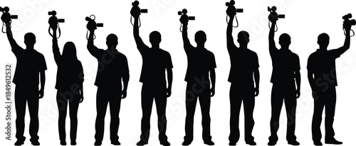 Videographer silhouette vector, media crew, camera raised, journalist icon, black figure, protest pose, unity gesture, press, documentary, action