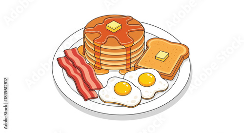 Delicious American breakfast with pancakes, bacon, eggs, and toast.