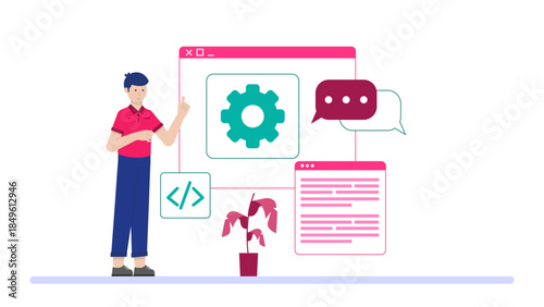 Software Engineer Debugging a Complex System. Business Flat Vector Illustration