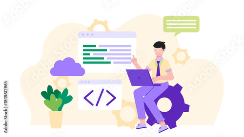 Software Engineer Debugging a Complex System. Business Flat Vector Illustration