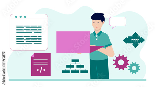 Software Engineer Debugging a Complex System. Business Flat Vector Illustration