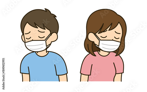 体調不良でうつむくマスク着用の男女のイラスト