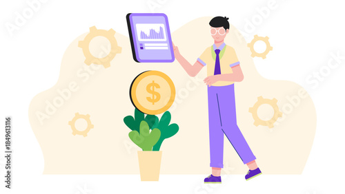Investors Analyzing Market Trends on Tablets. Business Flat Vector Illustration