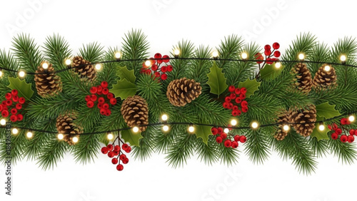 Christmas garland with pine cones holly berries and warm lights festive decoration for holiday banners and winter celebrations isolated on whit