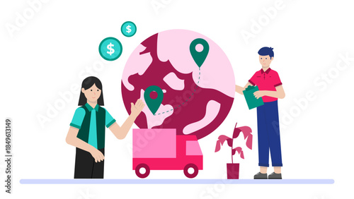 Logistics Team Tracking a Global Shipment. Business Flat Vector Illustration