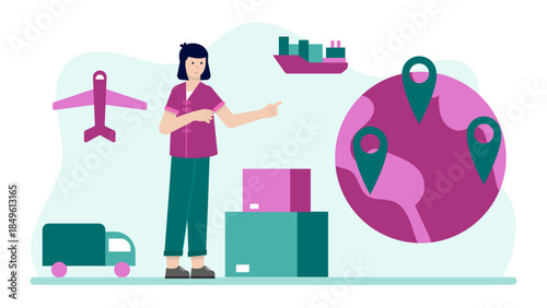 Logistics Team Tracking a Global Shipment. Business Flat Vector Illustration