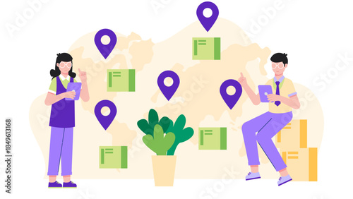 Logistics Team Tracking a Global Shipment. Business Flat Vector Illustration