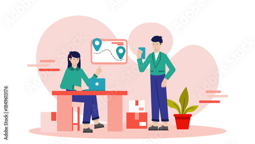 Logistics Team Tracking a Global Shipment. Business Flat Vector Illustration