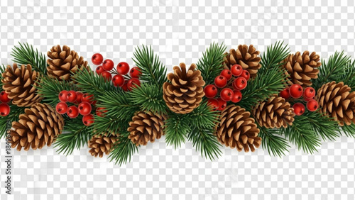 Christmas garland with pine cones and red berries festive evergreen branch border for holiday decoration isolated on transparent background