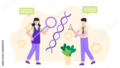 Biotech Researchers Analyzing DNA Sequences. Business Flat Vector Illustration