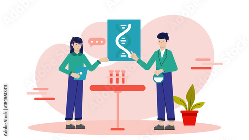 Biotech Researchers Analyzing DNA Sequences. Business Flat Vector Illustration