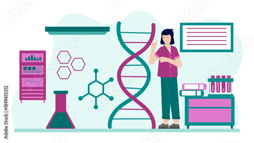 Biotech Researchers Analyzing DNA Sequences. Business Flat Vector Illustration