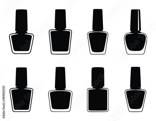 Black silhouette nail polish bottles with white outlines a white cosmetic beauty