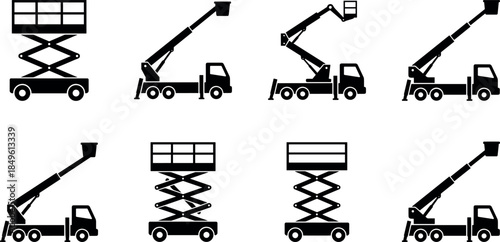 Aerial work platform and boom truck silhouettes set including scissor lifts and bucket trucks industrial access equipment vector