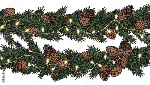 Christmas garland with pine cones and fairy lights festive evergreen branches for holiday decoration isolated on white background