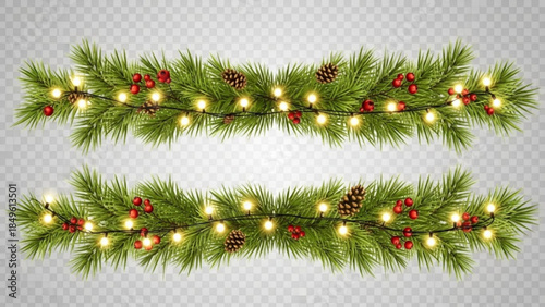 Christmas garland with pine branches red berries pine cones and warm lights festive decoration for winter holidays and New Year celebrations
