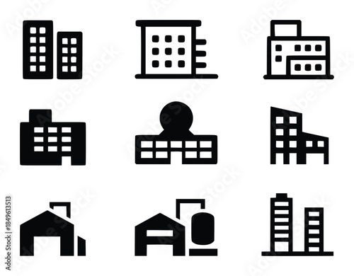 Collection of black building featuring skyscrapers houses and industrial structures