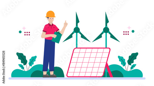 Green Energy Company Installing Solar Panels. Business Flat Vector Illustration