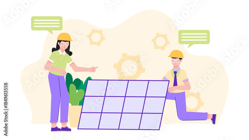 Green Energy Company Installing Solar Panels. Business Flat Vector Illustration