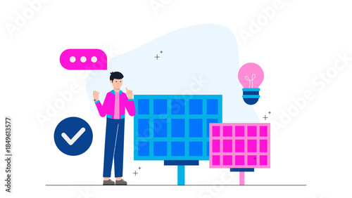 Green Energy Company Installing Solar Panels. Business Flat Vector Illustration