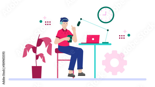 Podcast Producer Editing an Audio Episode. Business Flat Vector Illustration